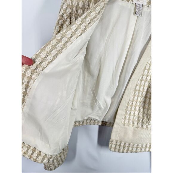 Chico’s Ecru Silver Tonal Tweed Long Sleeve Jacket Shrug size 2/Large 12 - Picture 8 of 10